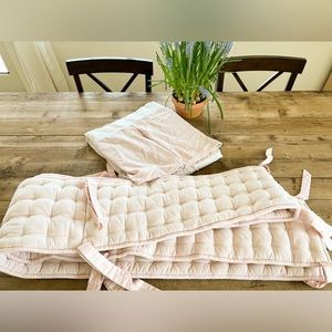 Restoration Hardware Baby & Child light pink velvet crib bumper and crib skirt.